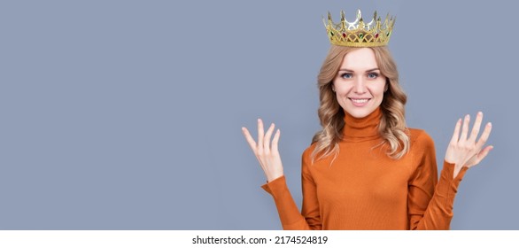 Arrogant Princess In Tiara. Proud Woman Smiling. Egoistic Girl In Diadem. Arrogance And Selfishness. Woman Portrait, Isolated Header Banner With Copy Space.