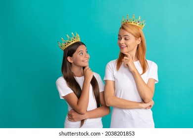 Arrogant Woman Mother And Daughter Child Smile At Each Other Wearing Crowns Blue Background, Selfish