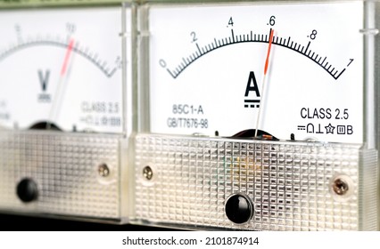 Arrow of the analog DC ampmeter shows the value of .6 amp.                                 - Shutterstock ID 2101874914