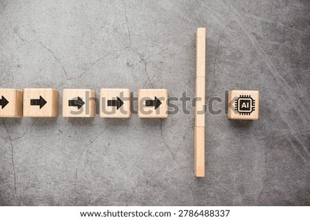 Arrow blocks facing a barrier before reaching AI symbol, representing obstacles to AI adoption, resistance to change, implementation challenges, and limited AI access