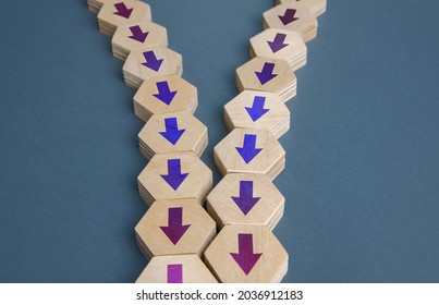 Arrow chains reunited into one. Integration acquisition. Consolidation, cooperation, organization. Merge. Pooling efforts, concentration resources. Synchronization of processes in business production. - Shutterstock ID 2036912183