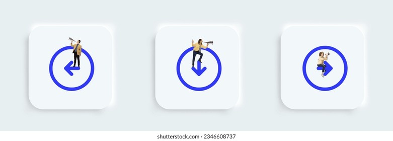 Arrow circle left, arrow circle down, arrow circle right icons, buttons for web, computer and mobile app. Young businesswoman, men interact with signs. Graphic, web disign, digital education concept.