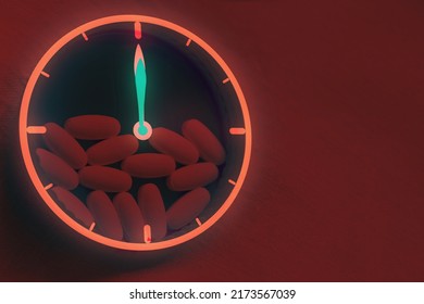 The Arrow Of The Clock At The Top And Pills That Solve Problems With Potency On A Red Neon Background. Male Sexual Health Concept