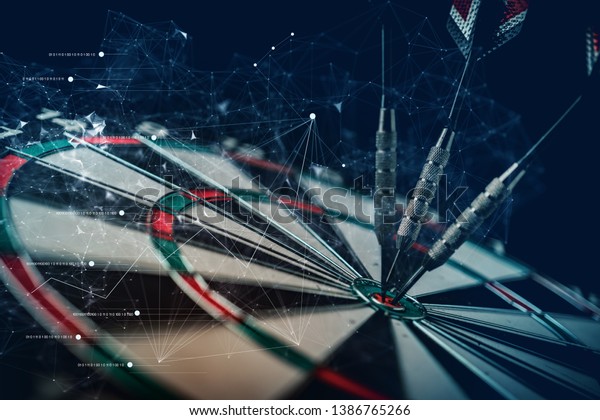 arrow\
dart board hit taget bull eyes business strategy ideas concept with\
virtual connecting graphic line double\
exposure