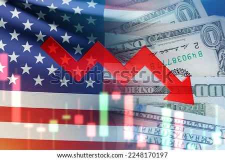 Arrow down and American money. USA flag with decline chart. Decline in USA bond yields. Decrease in profits American corporations. Falling income in USA. Reducing GDP growth concept. 