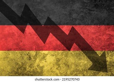 Arrow down on the background of the Germany flag. The concept of economic recession, depression, crisis and the value of securities. - Shutterstock ID 2195270743