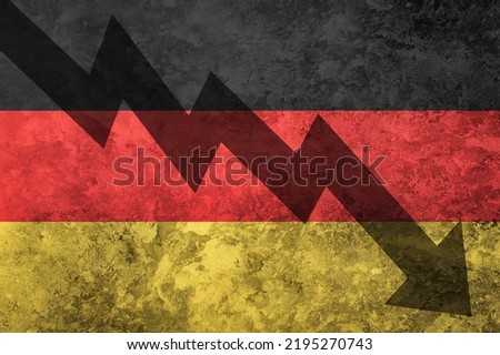 Arrow down on the background of the Germany flag. The concept of economic recession, depression, crisis and the value of securities.