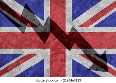 Arrow Down On The Background Of The Great Britain Flag. The Concept Of Economic Recession, Depression, Crisis And The Value Of Securities.