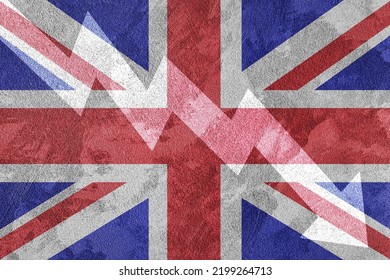 Arrow Down On The Background Of The Great Britain Flag. The Concept Of Economic Recession, Depression, Crisis And The Value Of Securities.