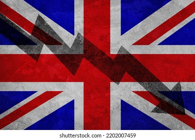 Arrow Down On The Background Of The Great Britain Flag. The Concept Of Economic Recession, Depression, Crisis And The Value Of Securities.