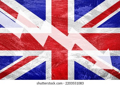 Arrow Down On The Background Of The Great Britain Flag. The Concept Of Economic Recession, Depression, Crisis And The Value Of Securities.