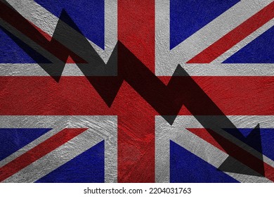 Arrow Down On The Background Of The Great Britain Flag. The Concept Of Economic Recession, Depression, Crisis And The Value Of Securities.