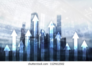 Up arrow graph on skyscraper background. Invesment and financial growth concept.