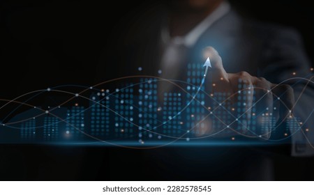 An arrow for a growth strategy is drawn for a business analysis report graph Business Development, Financial Plans, and Strategies There are three strategies for business growth. - Shutterstock ID 2282578545