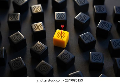 The arrow hit the highlighted target. Advertising, marketing and targeting. Right on the bull's-eye. Success. Choose a goal, define a task. Purposefulness and insight. Succeed in work. - Shutterstock ID 2249995153