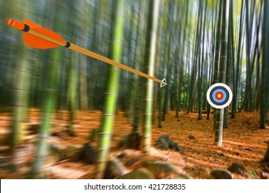 Arrow moving through air to target with radial motion blur, part photo, part 3D rendering