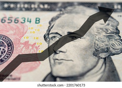 Arrow Up On The Background Of Dollar Bill. The Concept Of The Growth Of The Dollar, Success, Wealth, Growth Of The US Economy.