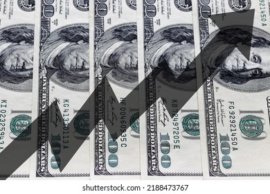 Arrow Up On The Background Of Dollar Bills. The Concept Of The Growth Of The Dollar, Success, Wealth, Growth Of The US Economy.