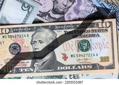 Arrow Up On The Background Of Dollar Bills. The Concept Of The Growth Of The Dollar, Success, Wealth, Growth Of The US Economy.