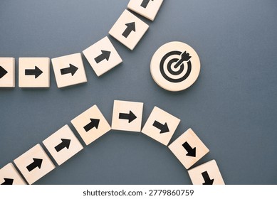 Arrow path changing direction away from target symbol, representing strategic misalignment, communication failure, inaccurate execution, and business plans that fail to achieve intended goals