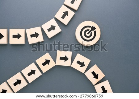 Arrow path changing direction away from target symbol, representing strategic misalignment, communication failure, inaccurate execution, and business plans that fail to achieve intended goals