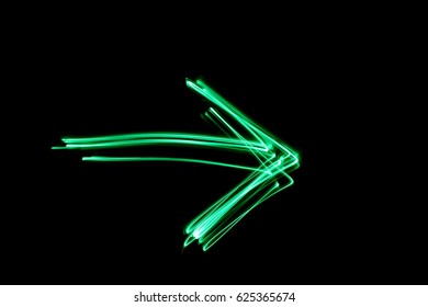 Arrow Shape, Green Light Painting Photography, On A Black Background