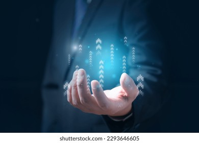 arrow upper icon on hands increase performance. investment growth - Shutterstock ID 2293646605