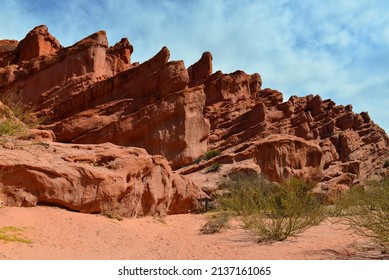 Arrow-like sandstone formations along the scenic road through the Quebrada de Cafayate, or Quebrada de las Conchas, Cafayate, Salta Province, northwest Argentina
