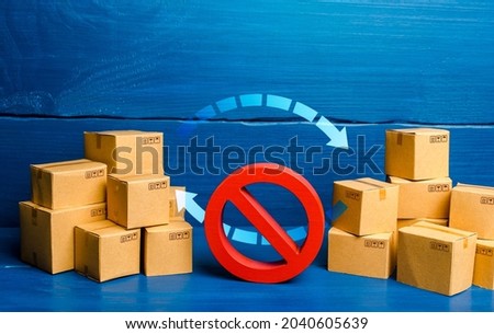 Arrows between boxes and prohibition symbol NO. Trade wars. Ban on imports and exports. Sanctions and embargoes. Trading imbalance. Termination of a trade agreement, closure of economic relations.