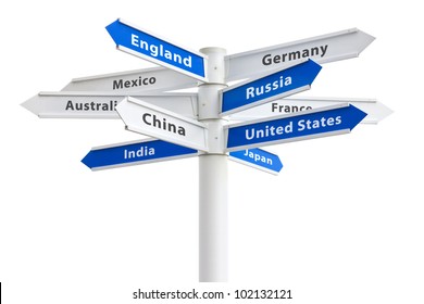 Arrows Pointing To Different Countries Of The World On A Crossroads Sign