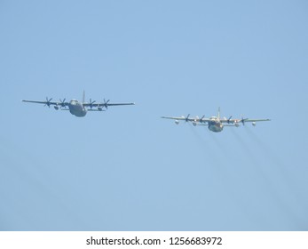 Arsuf, Israel - May 12, 2016: Two Israel Air Force IAF Lockheed C-130 Hercules