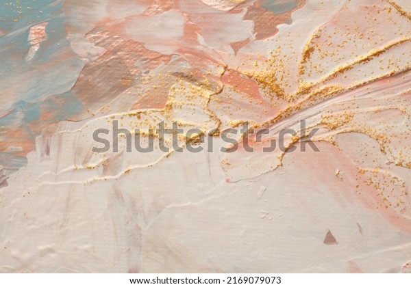 Art Abstract acrylic and watercolor smear\
blot painting wall. White, beige and gold Color canvas texture\
horizontal copy spase\
background.