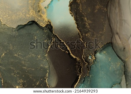 Art Abstract alcohol ink and watercolor painting blots horizontal background. Alcohol ink brown, blue and gold colors. Marble texture.