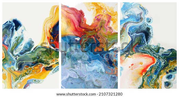 Art\
Abstract flow pour acrylic and watercolor marble blot painting\
triptych. Color wave horizontal texture\
background.