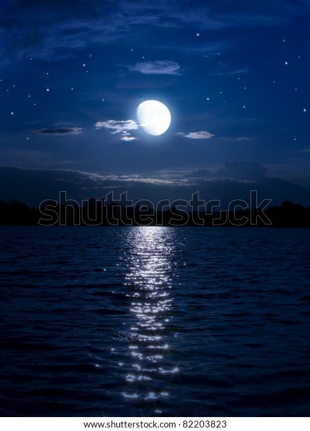 Art Abstract night background with moon and stars\
over the water