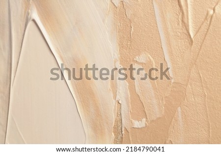 Art Acrylic empty smear blot brushstroke painting wall. Abstract texture beige, bronze color stain horizontal copy space canvas background.