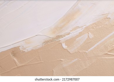 Art Acrylic smear blot brushstroke painting wall. Abstract texture beige, white color stain horizontal copy space canvas background.