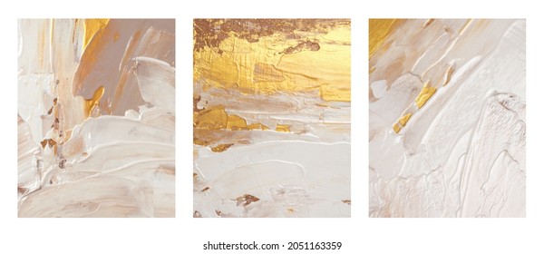 Art acrylic and watercolor smear blot painting. Interior abstract triptych. Beige, brown and gold color canvas texture horizontal background.