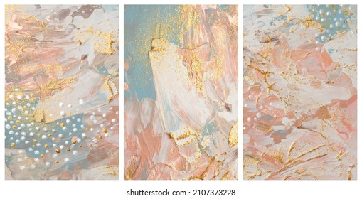 Art acrylic and watercolor smear blot painting. Interior abstract triptych wall. Beige, brown and gold color canvas texture horizontal background.