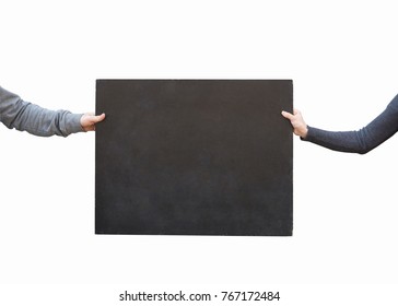 art  advertisment  pattern concept  the white background there is small type blackboard and negative space for text  it is held by two hands people in warm grey sweatshits