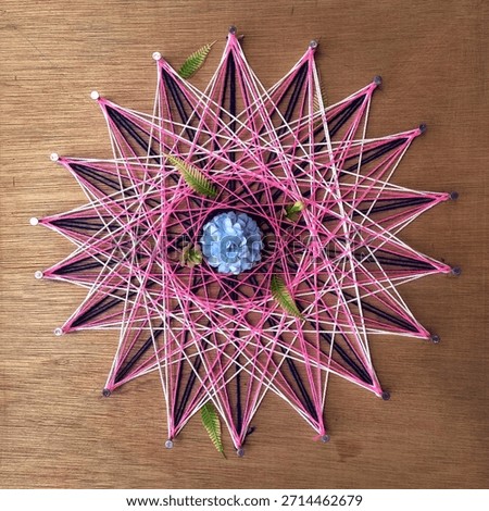 the art of arranging thread and nails on wood produces an aesthetic combination