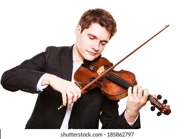 Art And Artist. Young Elegant Man Violinist Fiddler Playing Violin Isolated On White. Classical Music. Studio Shot.