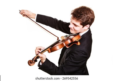 Art And Artist. Young Elegant Man Violinist Fiddler Playing Violin Isolated On White. Classical Music. Studio Shot.