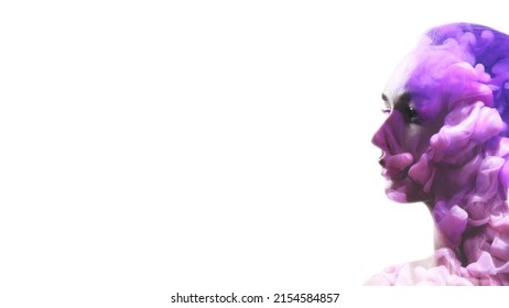 Art beauty portrait. Facial skincare. Skin rejuvenation. Double exposure profile silhouette of pretty woman flawless face with purple smoke cloud isolated on white empty space.