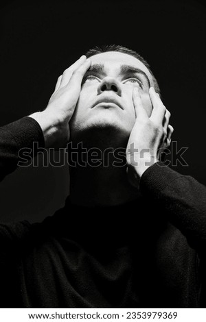 Similar – Image, Stock Photo mystical portrait of a young man: female hands on his face