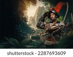 Art of brave conquistador from past with plate armor in tropical jungle of island.