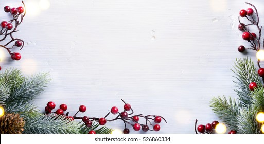 art Christmas holidays composition with Christmas tree decoration on white background and copy space for your text
