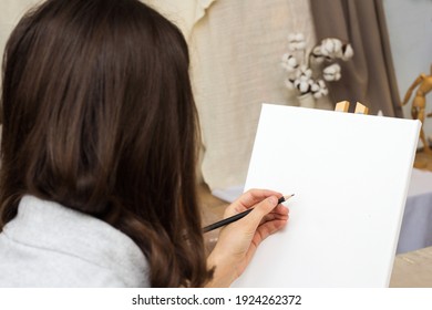 Art Class In School, Artist Student Drawing In Studio. Painting In Classroom. Female Hand With Pencil. Therapy For Teenager, Relaxing Creative Hobby.