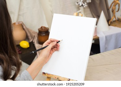 Art Class In School, Artist Student Drawing In Studio. Painting In Classroom. Female Hand With Pencil. Therapy For Teenager, Relaxing Creative Hobby.