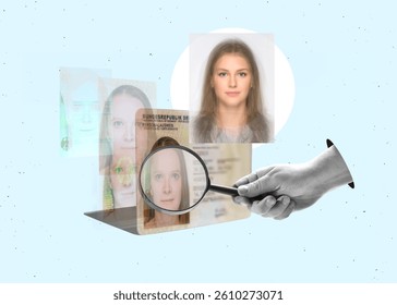 Art collage. Biometric technology digital face scanning form of a new, modern german ID card and a hand with a magnifying glass looking for fakes or morphing faces